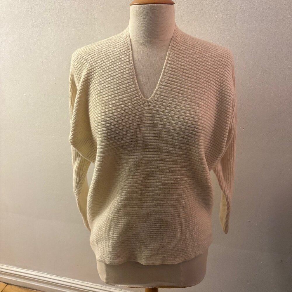 Adolfo Dominguez split neck dolman sweater in cream wool & cashmere rib